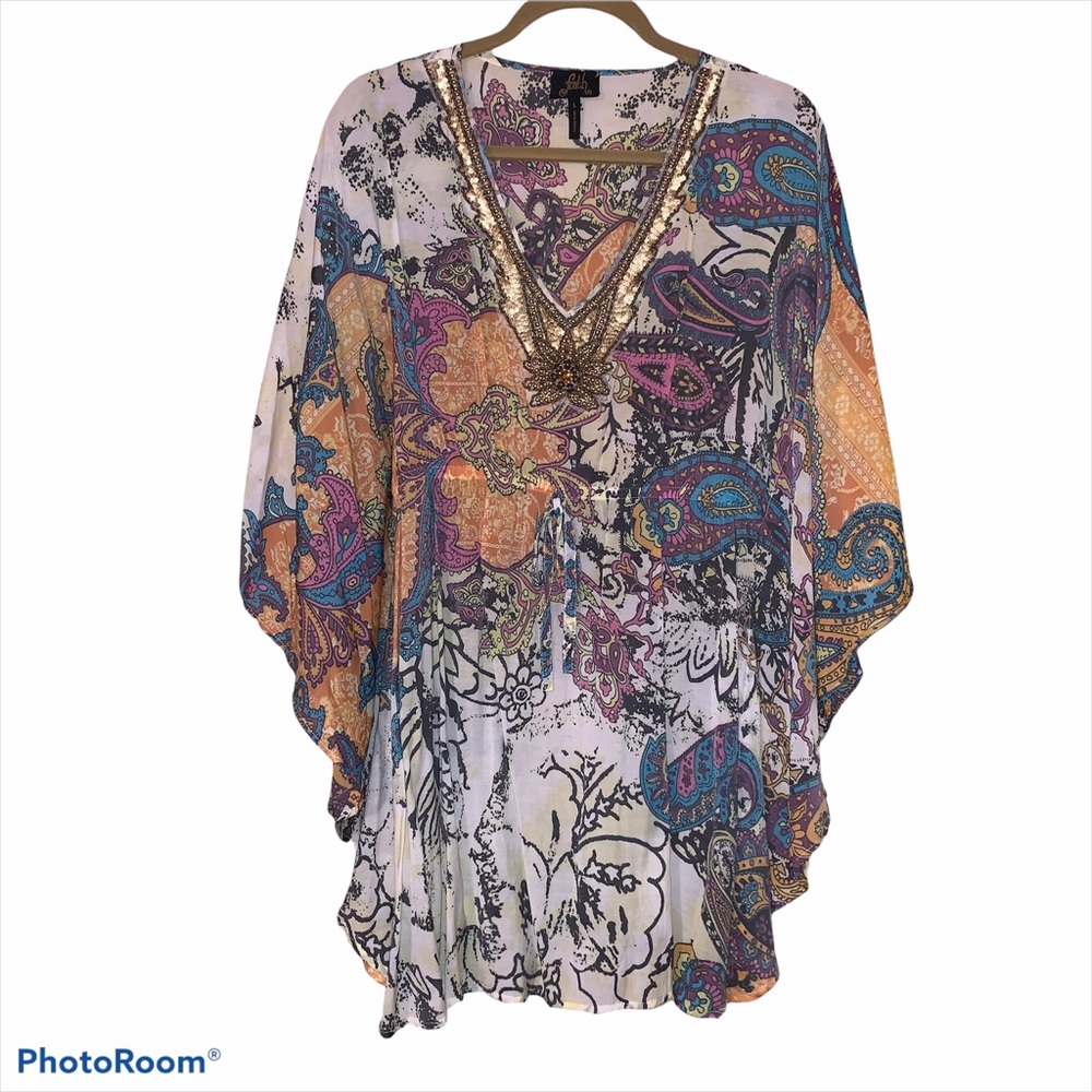 Large Faith Embellished V-neck Poncho Top EUC